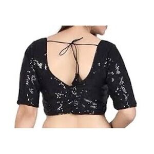 Chandra Kala Black Sequins Crop Top Tie sz 36 (M) cocktail Party coquette glam